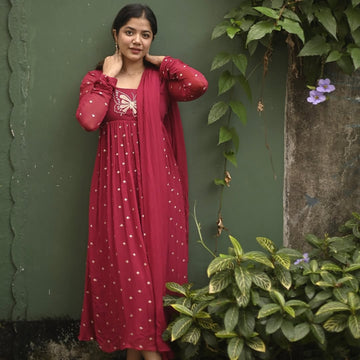 Red Embroidery Work Anarkali Suit