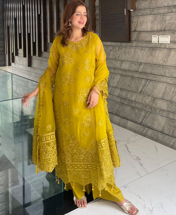 Organza Embroidered Dress - Mustard Muse