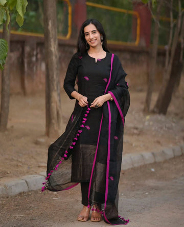 Black Linen Full Kurta Paired