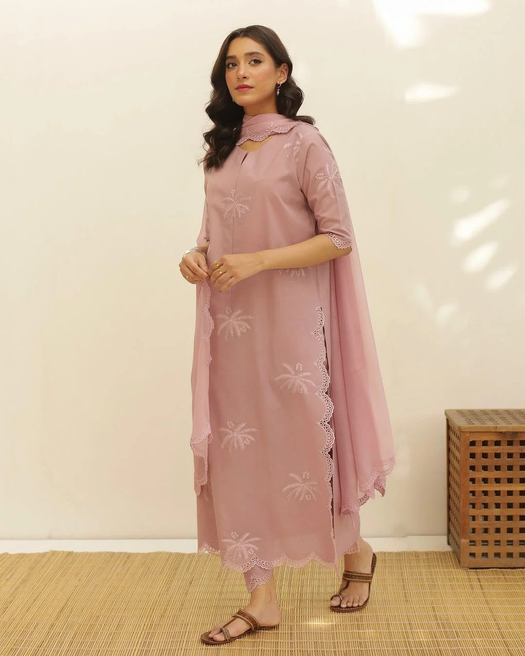Peach Cotton Embroidered Dress
