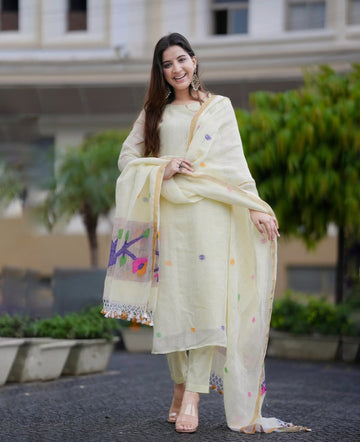Off White Linen Full Kurta Paired