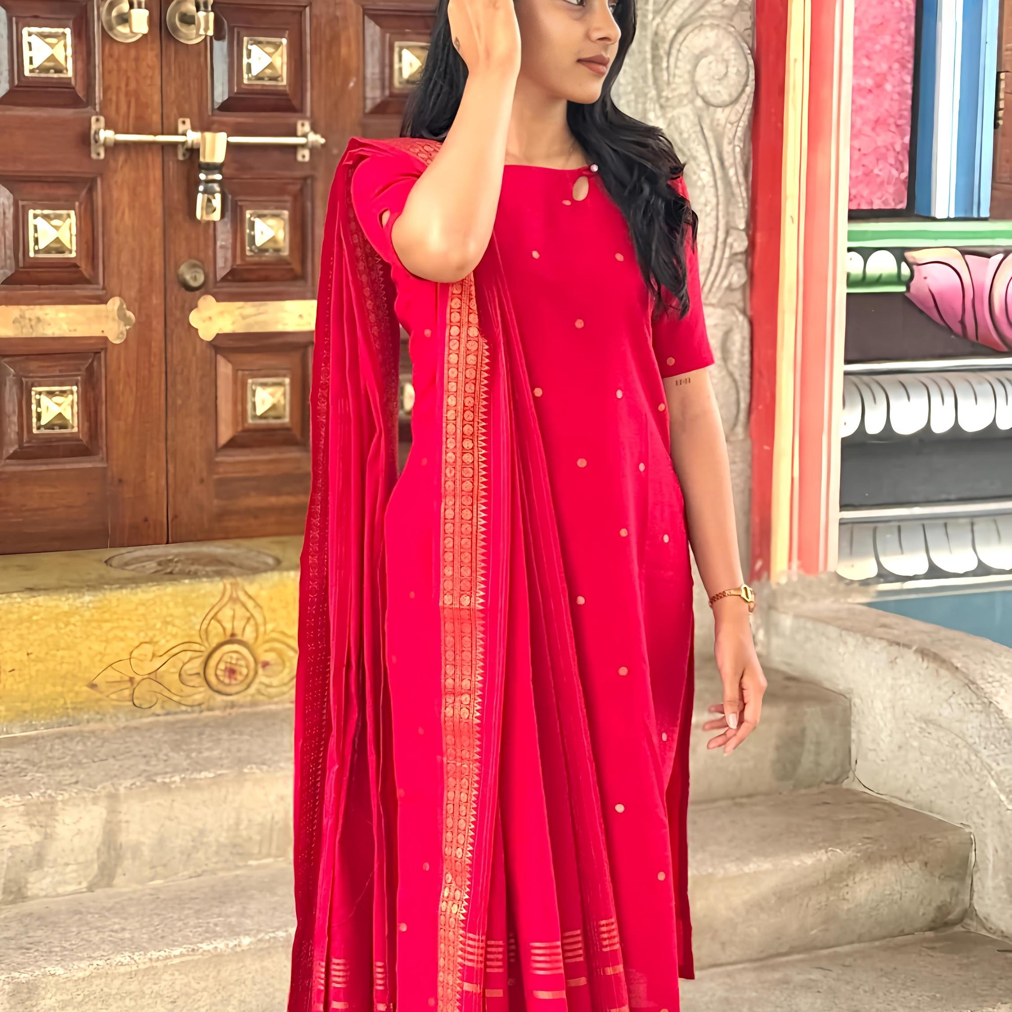 Red Linen Full Kurta Paired
