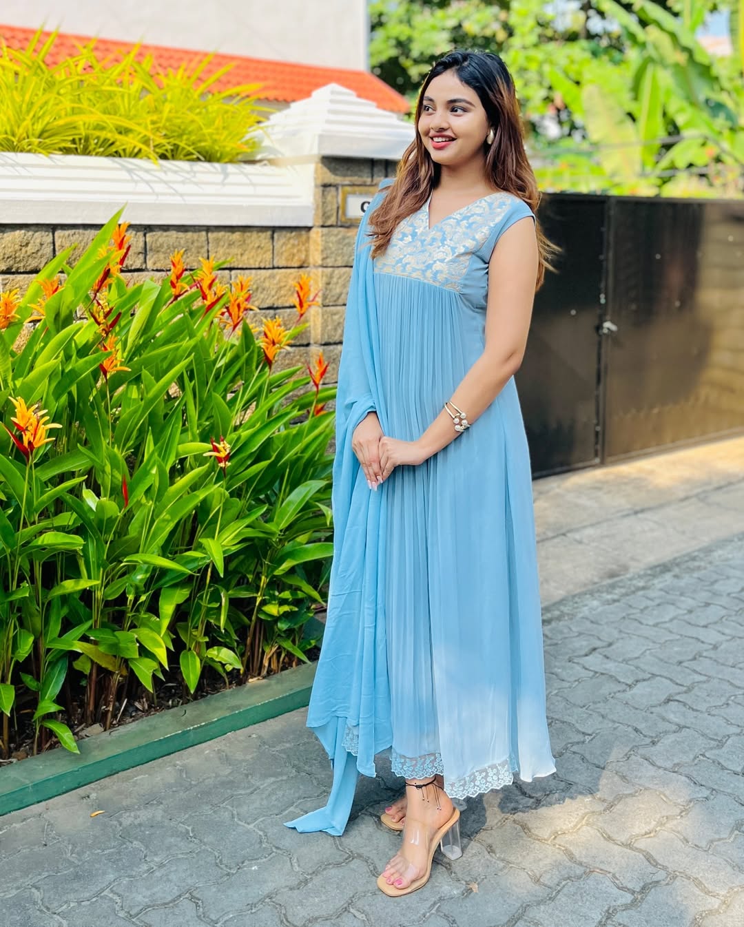 Ice Blue Anarkali Suit With Jeqard Work