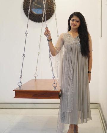 Grey Anarkali Suit With Handwork