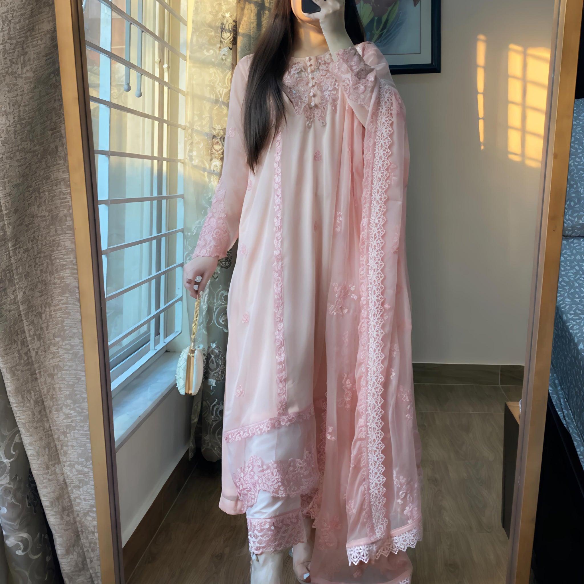 Chiffon Embroidered Whisper Pink