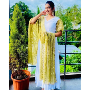 Pure White With Olive Green Top With Dupatta
