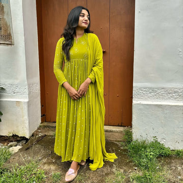 Perot Color Viscose Georgette With Golden Butti