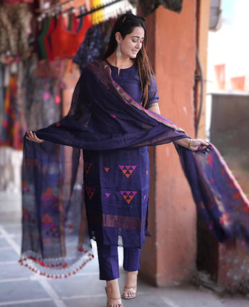 Handwoven Royal Blue Kurta Paired