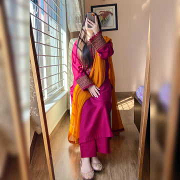 Crimson Pink Embroidered Suit Paired