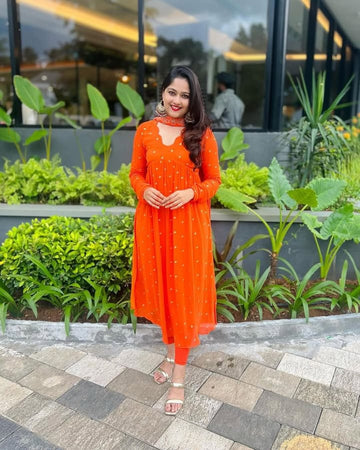 Orange Viscose Georgetta With Golden Buti