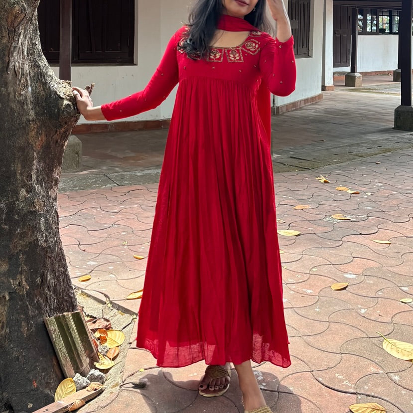 Red Hand Work Georgette Kali Cut Maxi