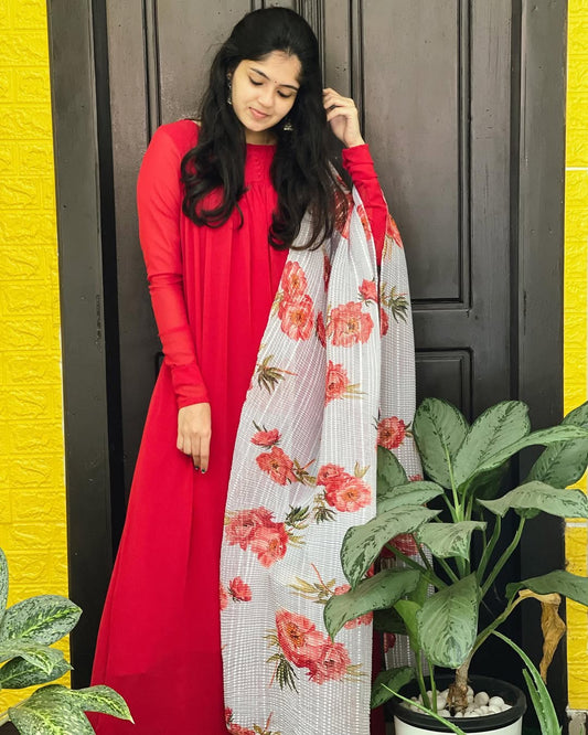 Red Georgette Top With Floral Dupatta