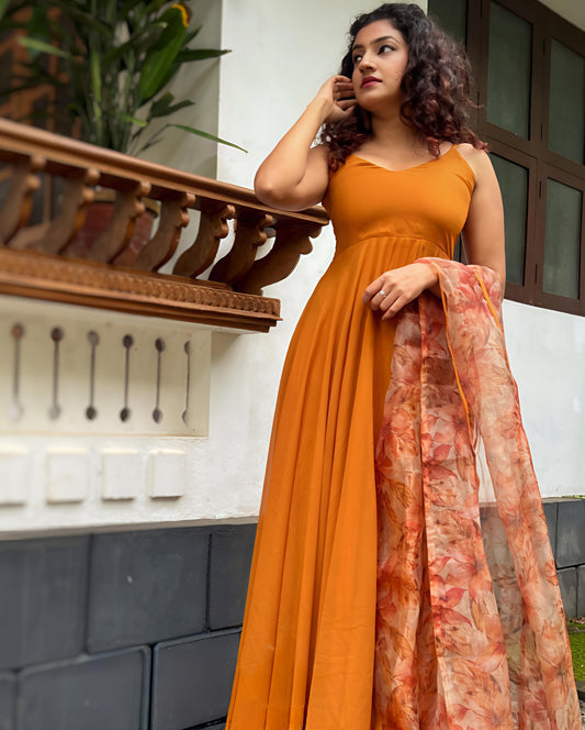 Rust Color Top With Organza Dupatta