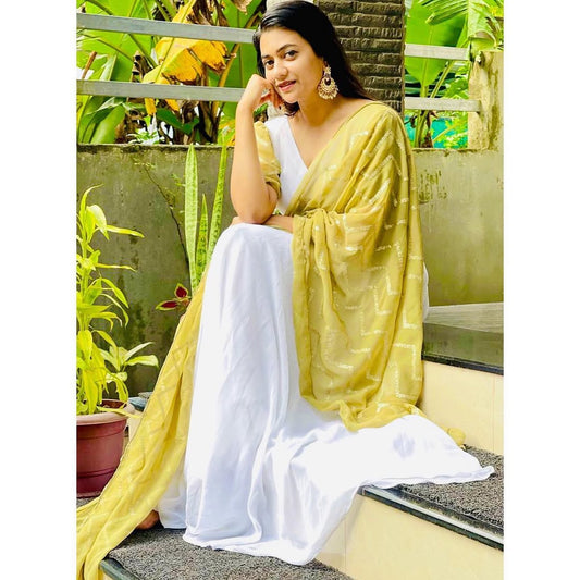 Pure White With Olive Green Top With Dupatta