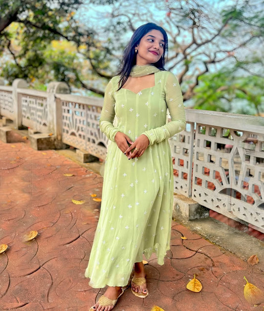 Perot Green Georgette Kali Cut Maxi