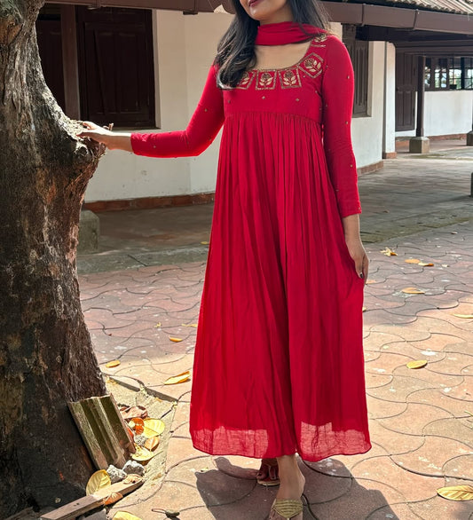 Red Hand Work Georgette Kali Cut Maxi
