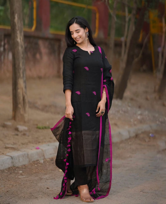 Black Linen Full Kurta Paired