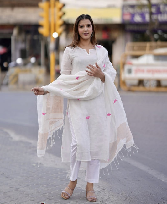 This White Handwoven Linen Jamdani Suit Set