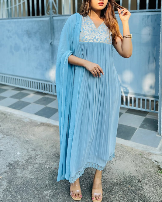 Ice Blue Anarkali Suit With Jeqard Work