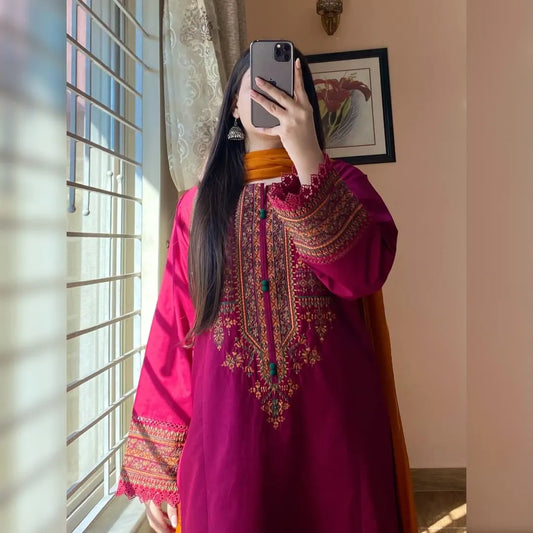 Crimson Pink Embroidered Suit Paired