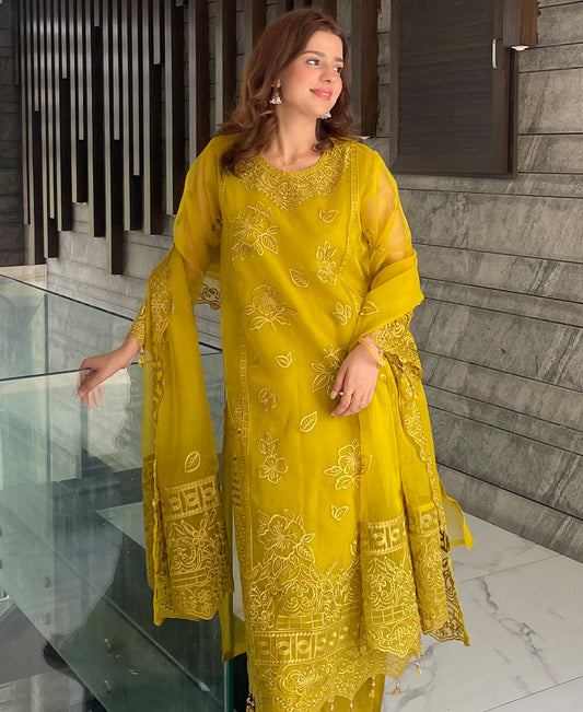 Organza Embroidered Dress - Mustard Muse