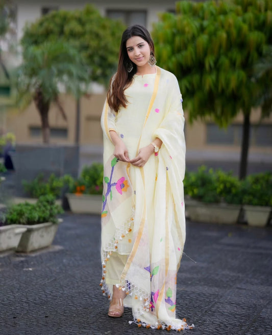 Off White Linen Full Kurta Paired