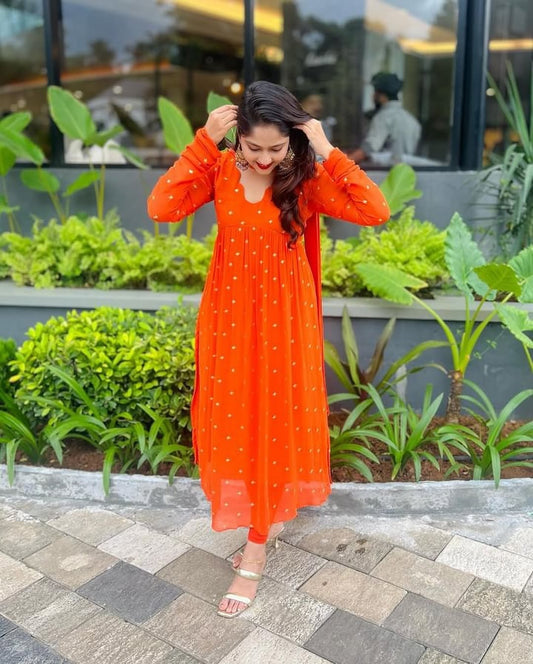 Orange Viscose Georgetta With Golden Buti