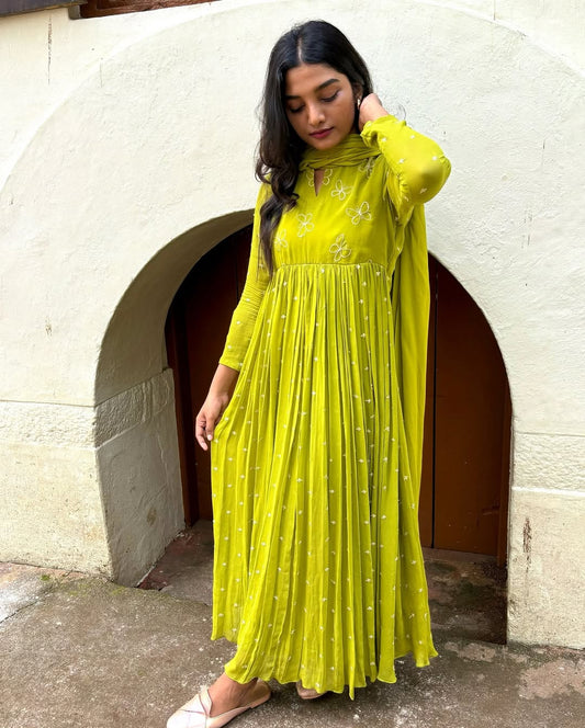 Perot Color Viscose Georgette With Golden Butti