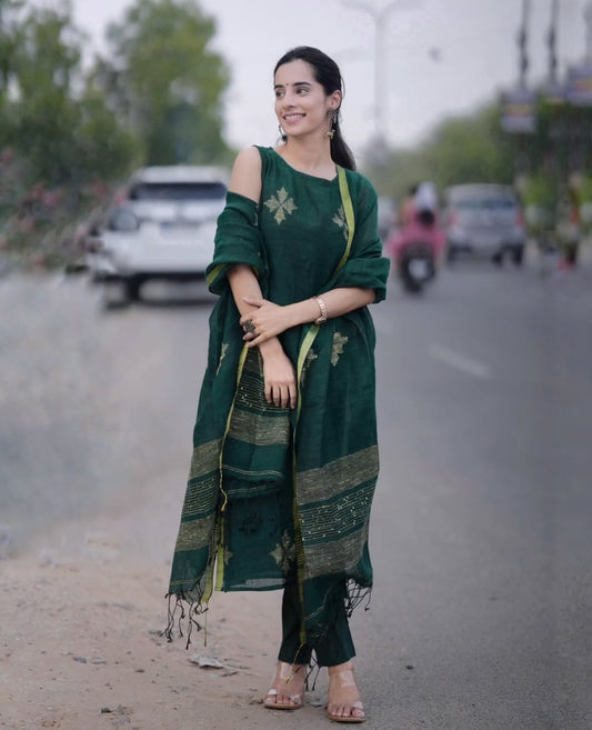 Green Linen Full Kurta Paired